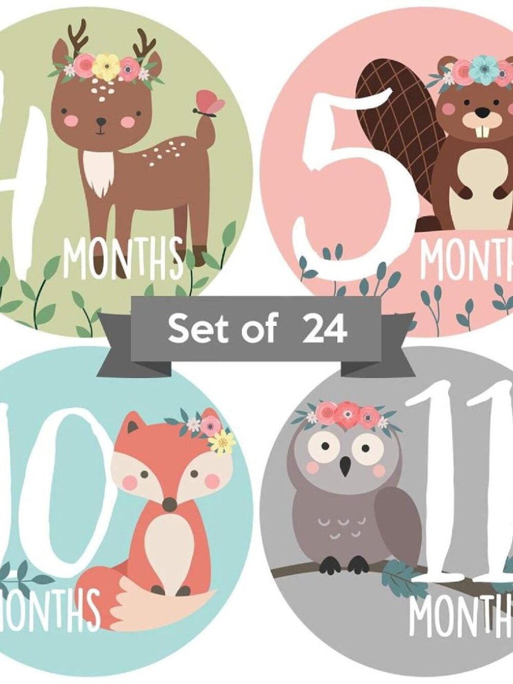 Baby Monthly Milestone Stickers - Set of 24 - Girl Woodland Animals